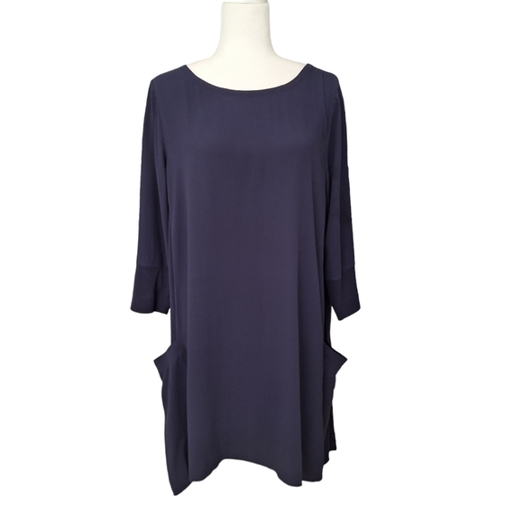 Eileen Fisher Blue 100% Silk Tunic Georgette Dress With Pockets 3/4 Slee… - Picture 9 of 9